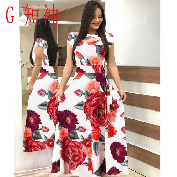 Elegant autumn Women's Dress 2020 Casual Bohemia Flower Print Maxi Dresses Fashion Hollow Out Tunic Vestidos Dress Plus Size 5XL