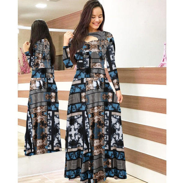 Elegant autumn Women's Dress 2020 Casual Bohemia Flower Print Maxi Dresses Fashion Hollow Out Tunic Vestidos Dress Plus Size 5XL