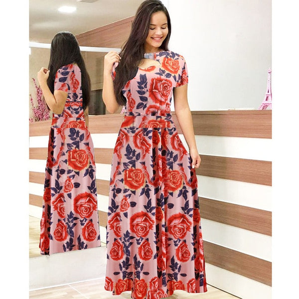 Elegant autumn Women's Dress 2020 Casual Bohemia Flower Print Maxi Dresses Fashion Hollow Out Tunic Vestidos Dress Plus Size 5XL