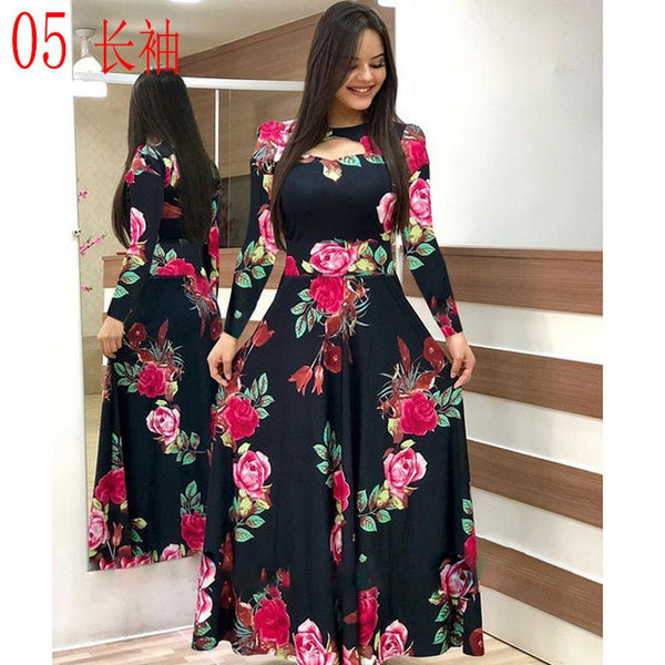 Elegant autumn Women's Dress 2020 Casual Bohemia Flower Print Maxi Dresses Fashion Hollow Out Tunic Vestidos Dress Plus Size 5XL