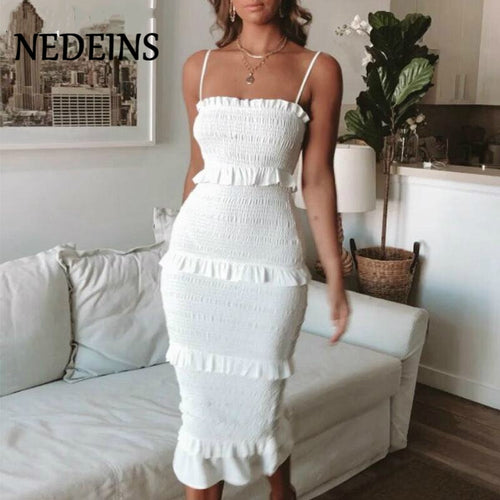 NEDEINS Summer Fashion Sling Long Dress Women 2020 Casual Party Dress Female Ruffles Vestidos Plus Size Natural Solid Dress
