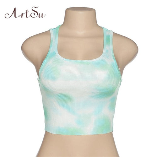 ArtSu Summer Tie Dye Print 2020 Summer Tank Top Women Sleeveless Fashion Slim Casual Crop Tops Basic Female Streetwear ASVE21103