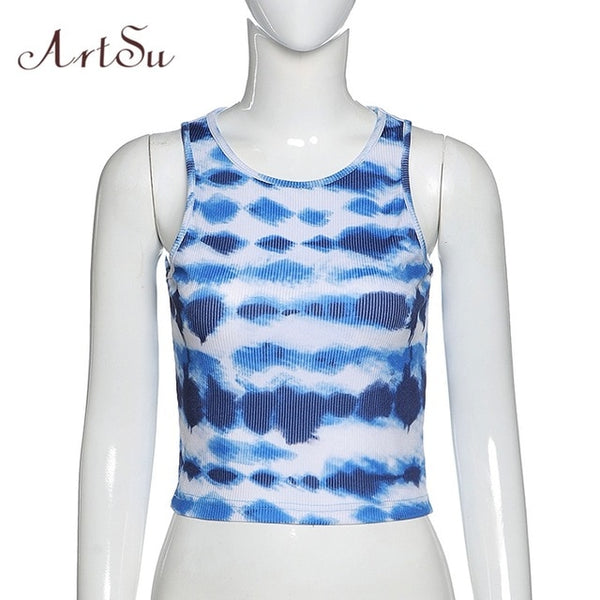 ArtSu Summer Tie Dye Print 2020 Summer Tank Top Women Sleeveless Fashion Slim Casual Crop Tops Basic Female Streetwear ASVE21103