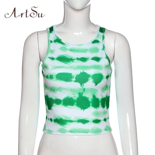 ArtSu Summer Tie Dye Print 2020 Summer Tank Top Women Sleeveless Fashion Slim Casual Crop Tops Basic Female Streetwear ASVE21103