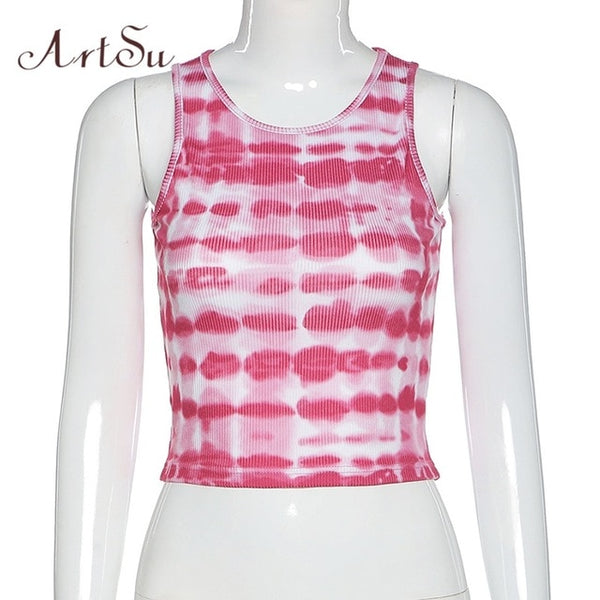 ArtSu Summer Tie Dye Print 2020 Summer Tank Top Women Sleeveless Fashion Slim Casual Crop Tops Basic Female Streetwear ASVE21103