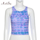 ArtSu Summer Tie Dye Print 2020 Summer Tank Top Women Sleeveless Fashion Slim Casual Crop Tops Basic Female Streetwear ASVE21103