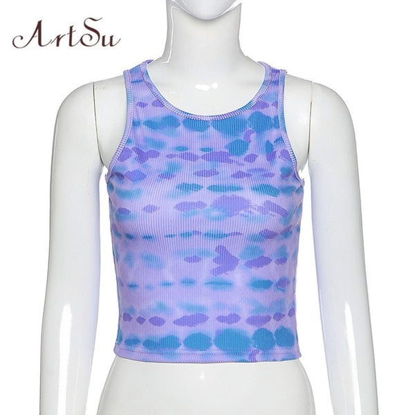 ArtSu Summer Tie Dye Print 2020 Summer Tank Top Women Sleeveless Fashion Slim Casual Crop Tops Basic Female Streetwear ASVE21103