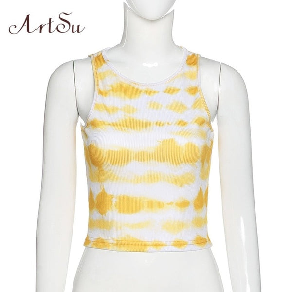 ArtSu Summer Tie Dye Print 2020 Summer Tank Top Women Sleeveless Fashion Slim Casual Crop Tops Basic Female Streetwear ASVE21103