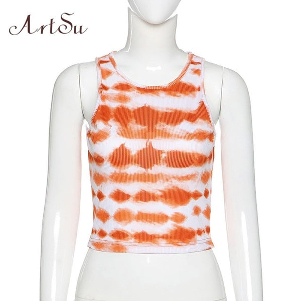 ArtSu Summer Tie Dye Print 2020 Summer Tank Top Women Sleeveless Fashion Slim Casual Crop Tops Basic Female Streetwear ASVE21103