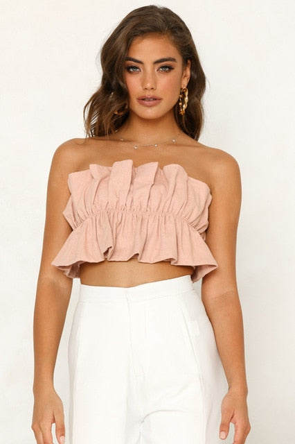 Bandeau Casual Tube Crop Top Off Shoulder  Vest Women Strapless Tees Girl Ruffles Camis