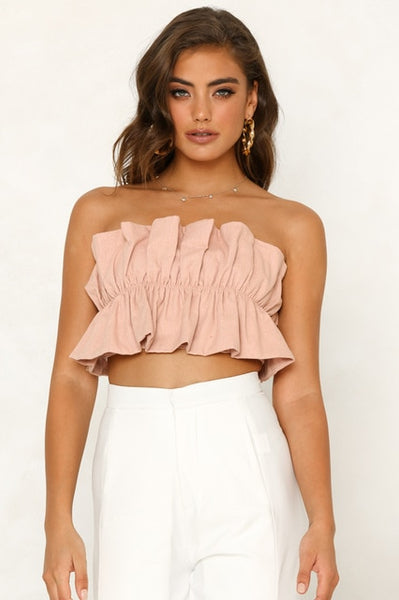 Bandeau Casual Tube Crop Top Off Shoulder  Vest Women Strapless Tees Girl Ruffles Camis